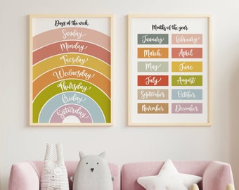 Set Of 2 Days and Months Educational Print Set - nursery prints - nursery decor - wall art - kids prints - learning poster