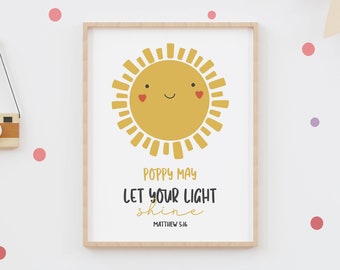 Personalised Let Your Light Shine Print - Nursery Wall Art - Bible Verse - Kids Prints - Christian Prints - Toddler Poster