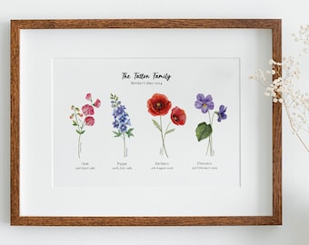 Personalised Birth Flowers Family Landscape Print - Mother's Day Gift - Personalised Family Print - Birthday Gift - Special Occasion gift