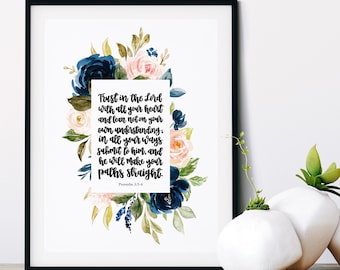 Trust In The Lord Print - Proverbs 3:5-6 - Floral - christian prints - bible verse art - christian gifts - baptism gift - wall art