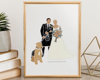 May include: A framed illustration of a wedding couple with a dog. The groom wears a black suit and kilt, holding a leash. The bride wears a white gown and carries a bouquet. The dog is tan and black. The frame is gold.