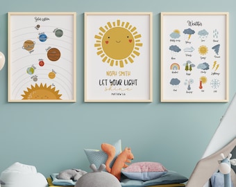 Set Of 3 Personalised Solar System Print Set - home decor - nursery art - nursery decor - kids bedroom - childrens art - educational posters