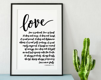 Love Is Patient Calligraphy Print - 1 Corinthians 13:4-8 - christian prints - christian gifts - wall art - wedding gift - personalised gift