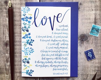 Love Is Patient Card - 1 Corinthians 13:4-8 - Floral Blue