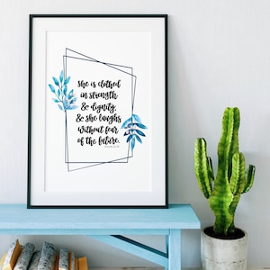 Impression Elle est vêtue de force - Proverbes 31:25 - gravures chrétiennes - cadeaux chrétiens - cadeau de baptême - art mural - cadeau pour elle