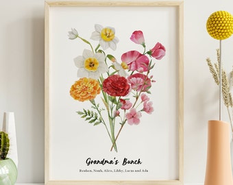 Personalised Birth Flowers Grandma's Bunch Print - Grandma Gift - Mother's Day Gift - Personalised Family Print - Gift for Nan