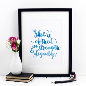 She Is Clothed In Strength & Dignity Print - Proverbs 31:25 - christian prints - bible verse art - christian gifts - baptism gift - wall art
