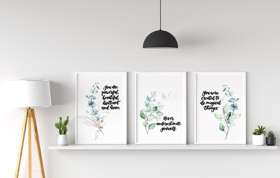Inspirational Quote Set of 3 Prints Eucalyptus and Gold Wall Art
