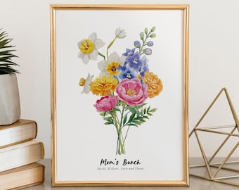 Personalised Birth Flowers Mum's Bunch Print - Grandma's Bunch - Mother's Day Gift - Personalised Family Print