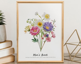 Personalised Birth Flowers Mom&#39;s Bunch Print - Grandma Gift - Mother&#39;s Day Gift - Personalised Family Print