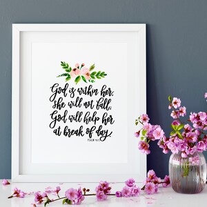 God Is Within Her, She Will Not Fall, God Will Help Her Print - Psalm 46:5 - christian prints - bible verse art - christian gifts - wall art
