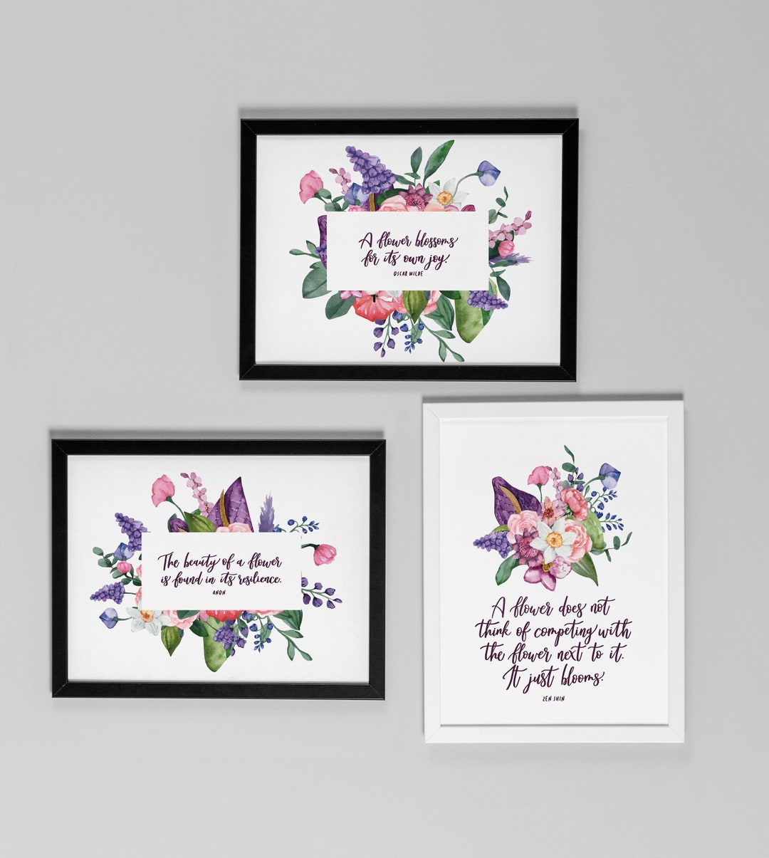 Set of 3 Flower Inspirational Quote Print Set - Watercolor Art - Wall ...