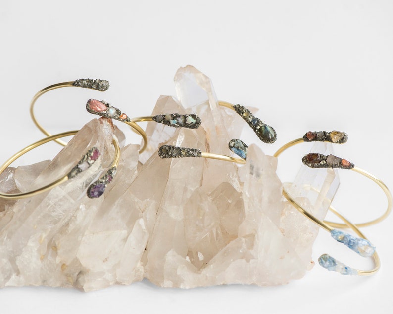 Citrine by Charlie Girl Gems Raw Gemstone Gold Wrap Bangle and Sunstone with crushed Pyrite Champagne Topaz