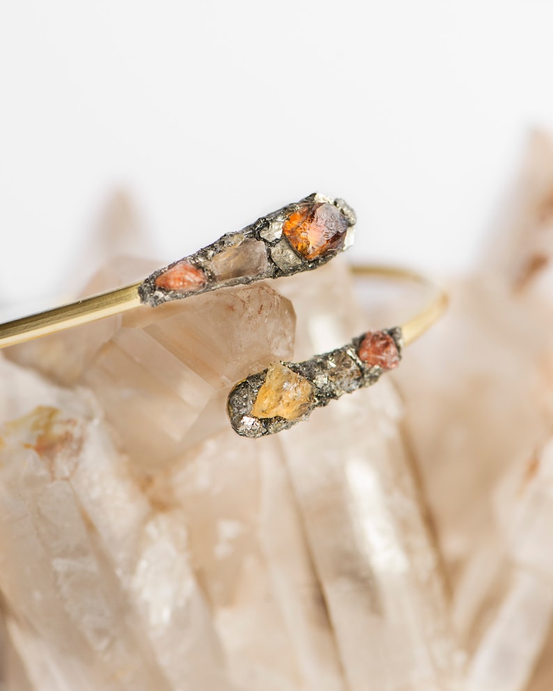 Citrine by Charlie Girl Gems Raw Gemstone Gold Wrap Bangle and Sunstone with crushed Pyrite Champagne Topaz