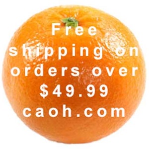May include: A close-up of an orange with the text "Free shipping on orders over $49.99 caoh.com" printed on it.