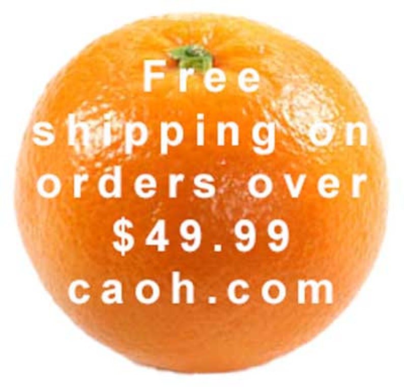 May include: A close-up of an orange with the text "Free shipping on orders over $49.99 caoh.com" printed on it.