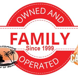 May include: Red and white circular logo with the text "Owned and Family Operated Since 1999". A smaller logo with a palm tree and the text "California Academy of Health" is in the lower left corner. A teardrop-shaped logo with the text "CAOH" is in the lower right corner.