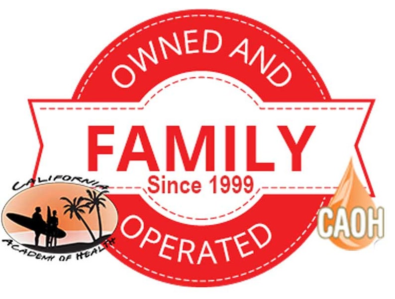 May include: Red and white circular logo with the text "Owned and Family Operated Since 1999". A smaller logo with a palm tree and the text "California Academy of Health" is in the lower left corner. A teardrop-shaped logo with the text "CAOH" is in the lower right corner.