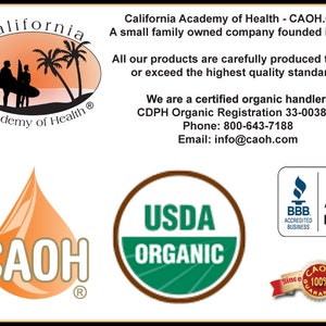 Puede incluir: Un logotipo para California Academy of Health, una empresa familiar fundada en 1999. El logotipo presenta una escena de puesta de sol con una tabla de surf y palmeras. El texto "California Academy of Health" est&aacute; escrito en una fuente blanca, cursiva. El logotipo tambi&eacute;n incluye el texto "CAOH.COM" y la declaraci&oacute;n "A small family owned company founded in 1999!" El texto "All our products are carefully produced to meet or exceed the highest quality standards!" tambi&eacute;n est&aacute; incluido. El logotipo tambi&eacute;n incluye el texto "We are a certified organic handler: CDPH Organic Registration 33-003851 Phone: 800-643-7188 Email: info@caoh.com". El logotipo tambi&eacute;n incluye el texto "CAOH" en una fuente blanca, sans-serif. El logotipo tambi&eacute;n incluye el texto "USDA ORGANIC" en una fuente blanca, sans-serif. El logotipo tambi&eacute;n incluye el texto "A+ rating" en una fuente blanca, sans-serif. El logotipo tambi&eacute;n incluye el texto "BBB. Accredited Business" en una fuente blanca, sans-serif. El logotipo tambi&eacute;n incluye el texto "Since 1999 100% Guarantee" en una fuente blanca, sans-serif.