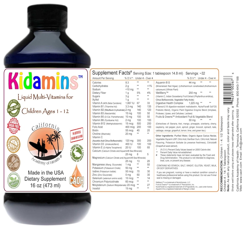 May include: A blue bottle of Kidamins Liquid Multi-Vitamins for Children Ages 1-12. The bottle is labeled with the supplement facts, ingredients, and a recommendation for serving size. The bottle is made in the USA and contains 16 ounces (473 ml).