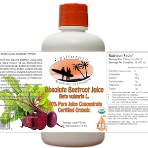 May include: A white bottle of Absolute Beetroot Juice, a 100% pure juice concentrate, certified organic. The bottle is labeled with the product name, ingredients, and nutrition facts. The bottle is sitting on a white surface with a red beet in the foreground.