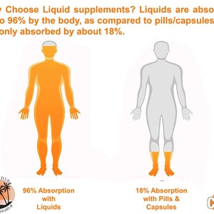 May include: An illustration comparing the absorption rates of liquid supplements versus pills and capsules. The illustration shows a person with a bright orange outline representing 96% absorption with liquids and a person with a gray outline representing 18% absorption with pills and capsules. The text "96% Absorption with Liquids" and "18% Absorption with Pills & Capsules" is included in the image.