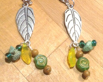 Handmade Silver Leaf Tree Nature Green Yellow Leverback Dangle Earrings Lever Back