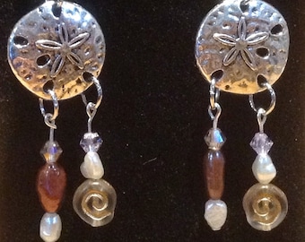 Silver Sand Dollar Dangle Drop Earrings with Real Pearl Drops and Art Glass Swirls.  Beach, Coastal, Cruise, Vacation, Resort Jewelry Gift