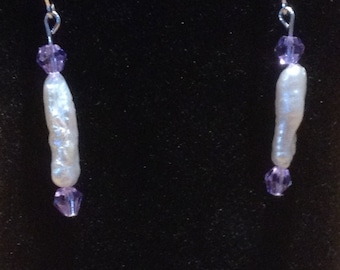 White Freshwater Pearl Biwa Pearl Earrings Dangle Earrings Amethyst Crystal Earrings Silver Pearl Earrings Gift for Her