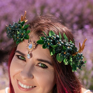 Elf tiara Gold Fairy tiara with horns Leaf laurel crown for women Bridal elf headband Wedding Hair accessories Jewelled headband