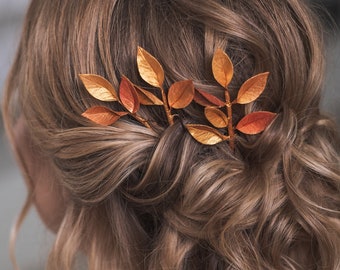 Gold leaf hair pins set Bridal hair piece Fall Wedding hair accessories Rustic Flower Botanical hairpiece Bridesmaids Floral bobby Pins