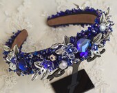 Navy blue jeweled headband Adult Blue crystal crown Baroque headband Bridal tiara Wedding hair accessories Silver Beaded headbands for women