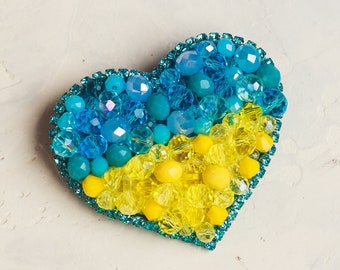 Ukrainian brooch Blue and yellow heart beaded brooch Ukrainian seller shop owner Needle embroidery brooch Valentine day gift for her