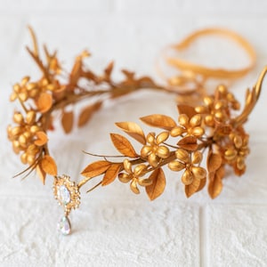 Elf tiara Gold Fairy tiara with horns Leaf laurel crown for women Bridal elf headband Wedding Hair accessories Jewelled headband