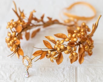 Gold Elf Tiara with Horns, Leaf Laurel Crown - Bridal Headband