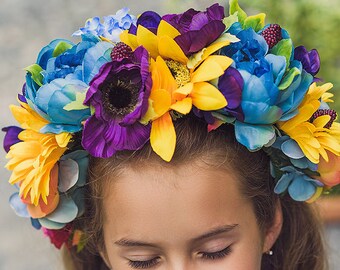 Ukrainian Flower Crown Blue yellow Adult Floral Halo Fairy Girl Costume Boho Bridal Crown Wedding Rustic Bridesmaids floral crown headpiece