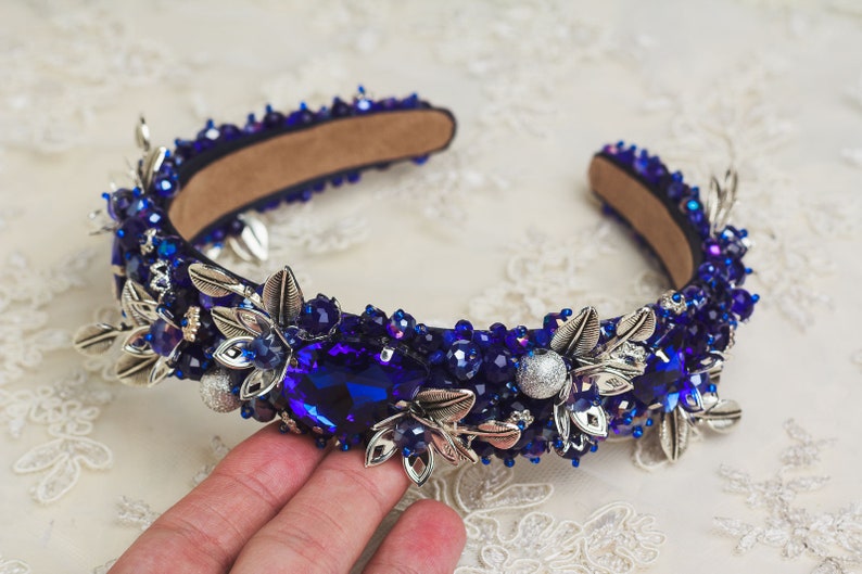 Navy Blue Jeweled Headband Adult Blue Crystal Crown Baroque - Etsy