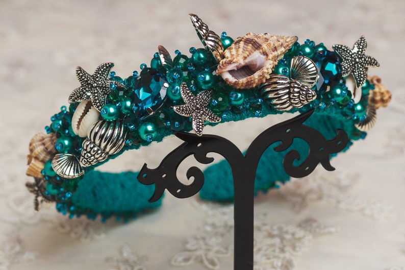 Mermaid tiara Beach wedding crown Blue jeweled headband Beaded Etsy