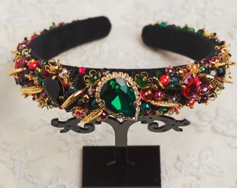 Emerald jewelled headband Wedding hair accessories Gold red black crystal tiara Bridal hair Baroque dolce headband Green beaded headband