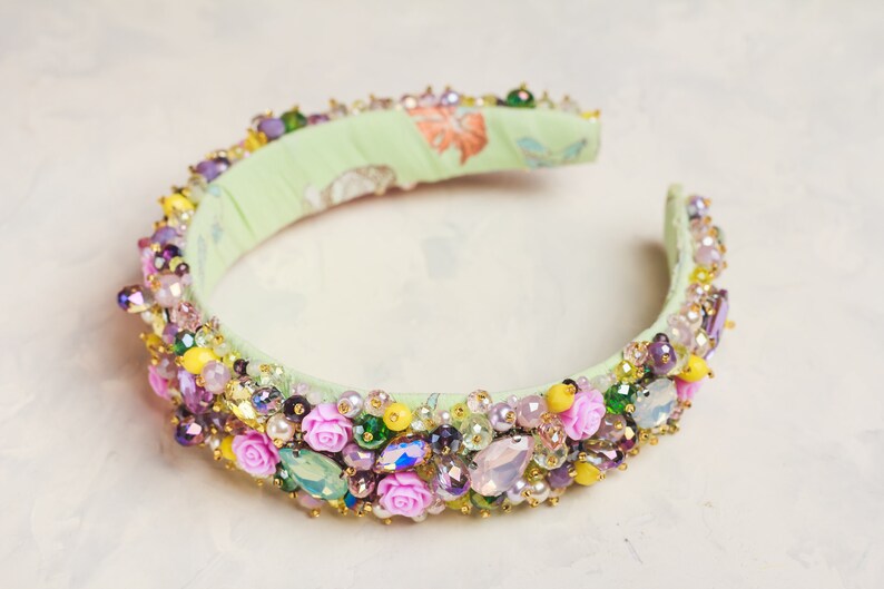 Yellow purple jeweled headband Pink roses tiara Baroque headband for women Summer wedding hair accessories jewelry Bridal headpiece