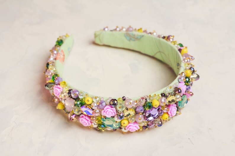 Yellow purple jeweled headband Pink roses tiara Baroque headband for women Summer wedding hair accessories jewelry Bridal headpiece