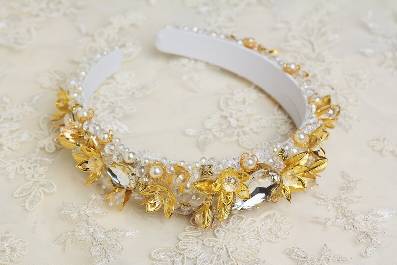 Gold jeweled headband for wedding hair accessories Beaded headbands for women Baroque Bridal crown Dolce white headband Gold tiara for bride