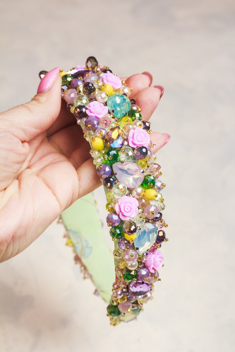Yellow purple jeweled headband Pink roses tiara Baroque headband for women Summer wedding hair accessories jewelry Bridal headpiece