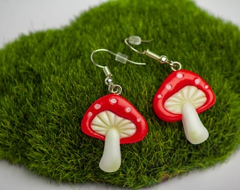 Mushroom earrings Cottagecore earrings Goblincore jewelry Fairy forest earrings Weird quirky earrings Funny witch gift Red amanita mushroom