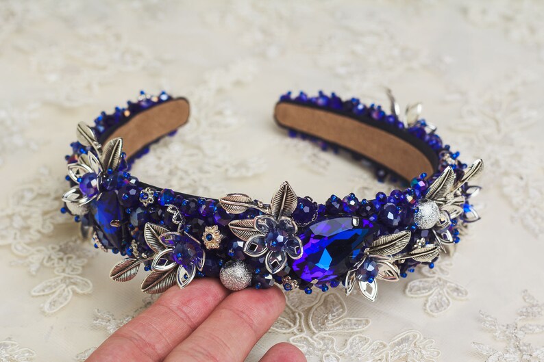 Navy Blue Jeweled Headband Adult Blue Crystal Crown Baroque Etsy