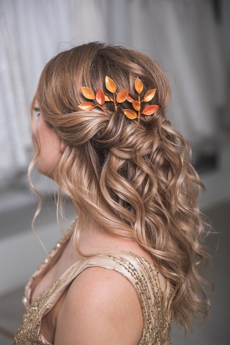 Gold leaf hair pins set Bridal hair piece Fall Wedding hair accessories Rustic Flower Botanical hairpiece Bridesmaids Floral bobby Pins image 1