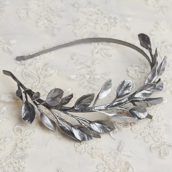 Silver Laurel leaf tiara Greek goddess crown Bridal side headband Woodland hair piece Grecian Gold Leaf Headpiece Floral wedding tiara