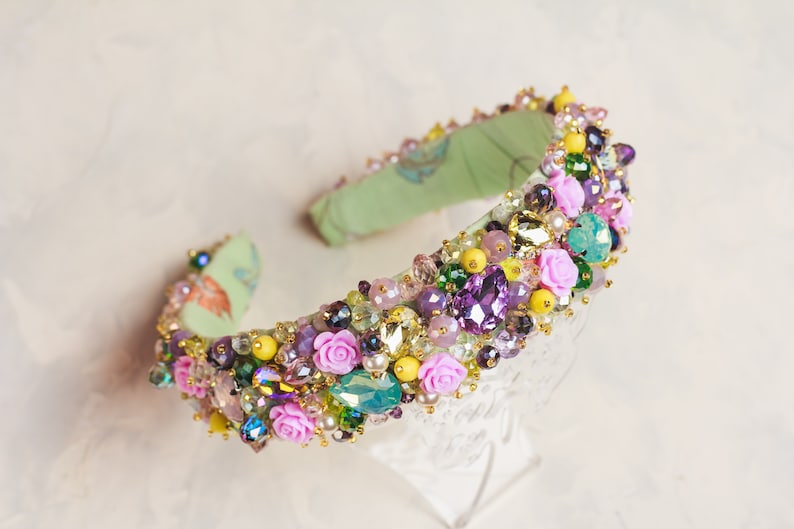 Yellow purple jeweled headband Pink roses tiara Baroque headband for women Summer wedding hair accessories jewelry Bridal headpiece