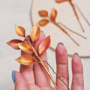 Gold leaf hair pins set Bridal hair piece Fall Wedding hair accessories Rustic Flower Botanical hairpiece Bridesmaids Floral bobby Pins image 3