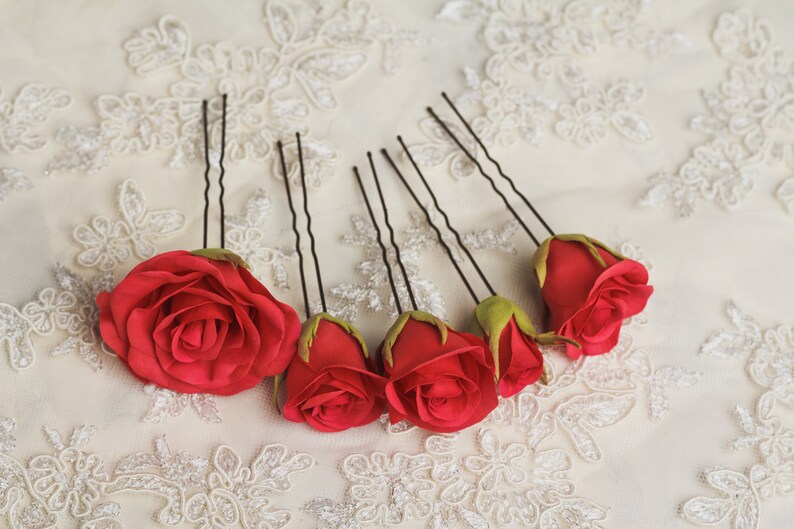 Red Roses Hair pins Set of 5 Rustic Wedding Hair Accessories Etsy